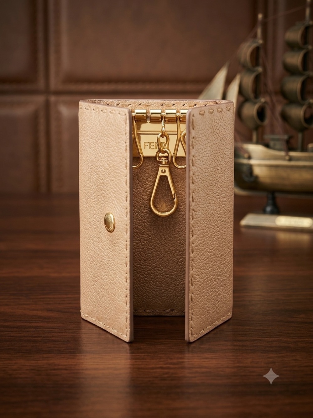 Fendi rosegold Leather Key & Card Holder with Gold-Tone Hardware
